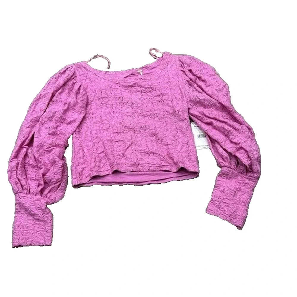 NWT Free People‎ Womens Tea Time Lace Puff Sleeve Blouse Open Back Pink Size XS